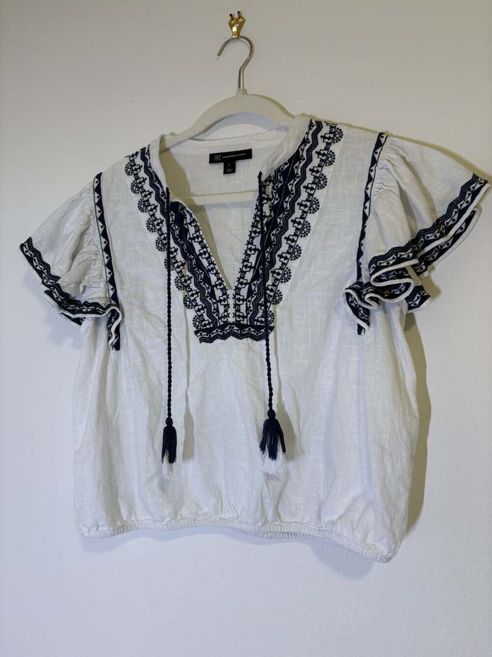 INC International Concepts Women's Embroidered Tassel Blouse White Size L